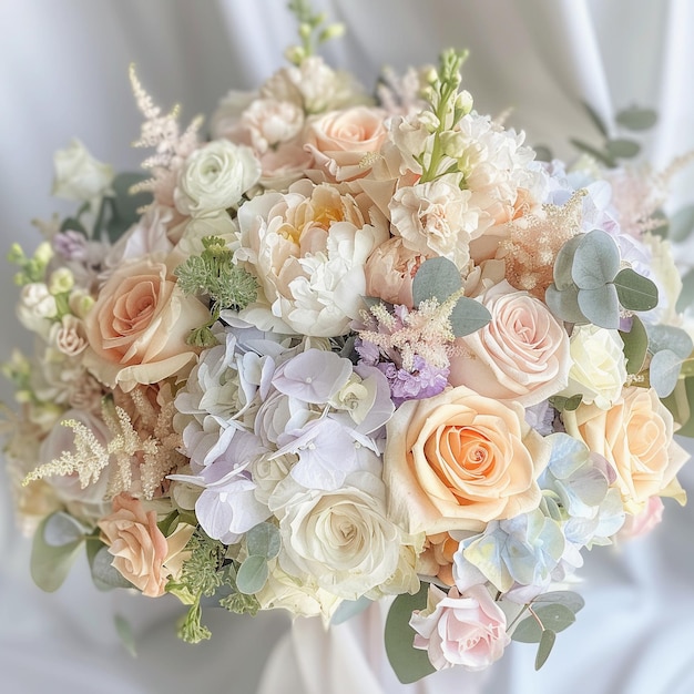 Pastel Wedding Bouquet with Roses and Hydrangeas