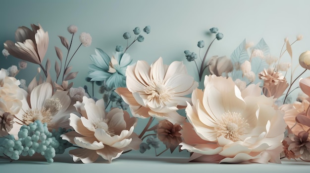 A pastelcolored 3D rendering of glowing flowers Generative AI