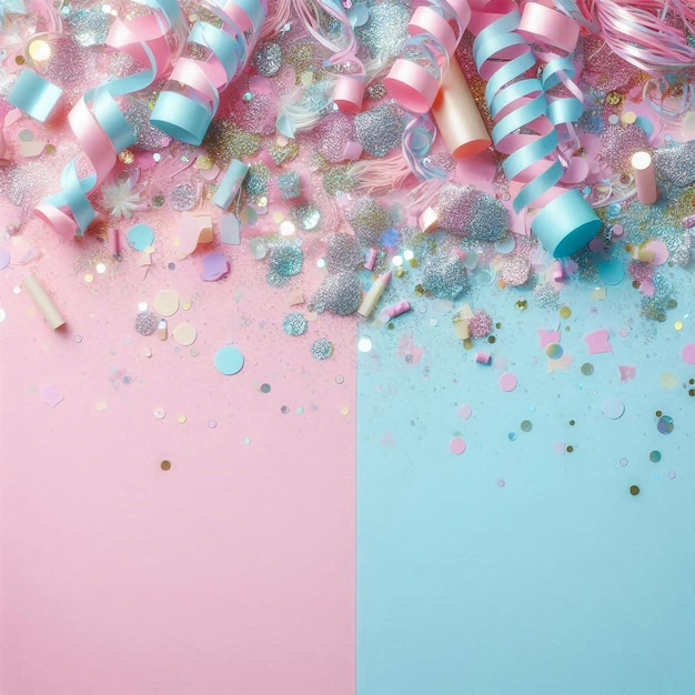 Photo pastelcolored background transitioning from pink to light blue with shimmering confetti and streame