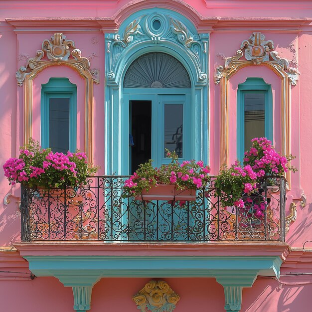 Photo pastelcolored balcony with vibrant pink flowers and ornate architecture details