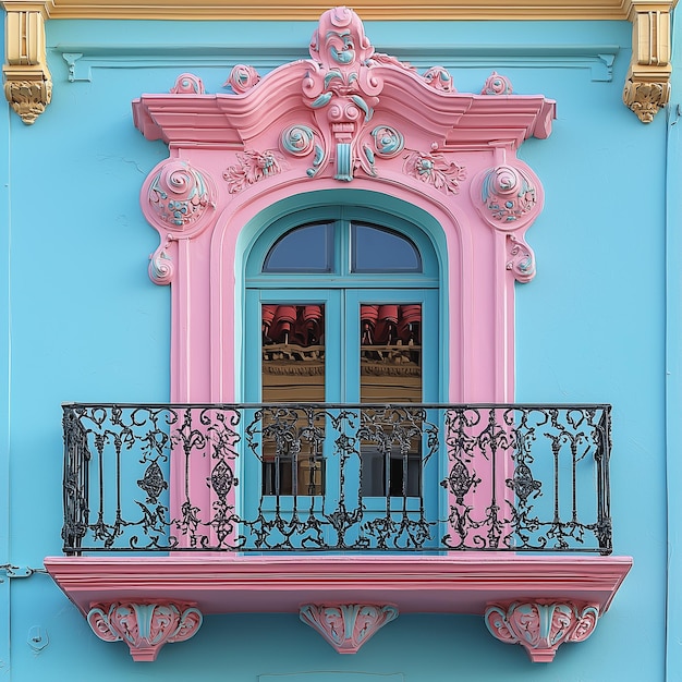 Photo pastelcolored balcony with vibrant pink flowers and ornate architecture details