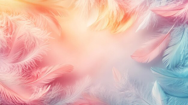 Photo pastelcolored feathers framing a soft light background