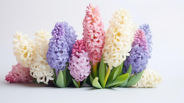 Pastelcolored hyacinths photo realistic illustration Generative AI Colorful flower hyacinths leaves