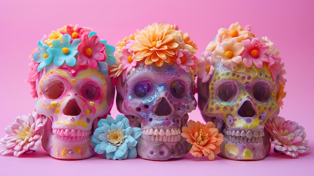 Photo pastelcolored sugar skulls decorated with intricate floral patterns set against a soft pink background