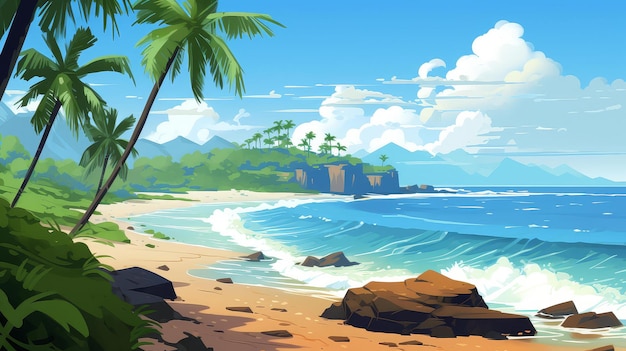 Pastelcolored vector art of the coast in a unique stylized painting style