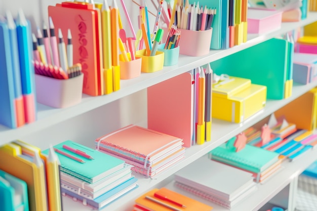 A pastelthemed stationery setup on white shelves featuring neatly arranged notebooks pencils and storage boxes radiating a cheerful organized vibe