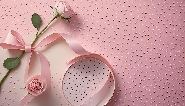 PastelToned Spot Pattern Light Pink Backdrop with Pink Rose and Ribbon Top View