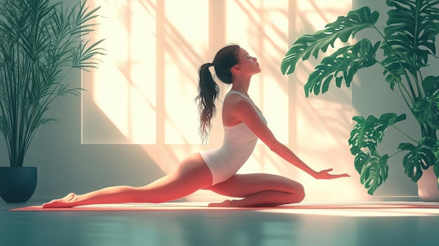 Photo a pasteltoned vector scene of an asian woman stretching and doing yoga in her living room