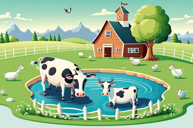 Pastoral farm scene featuring cows grazing near a classic red barn Generative AI