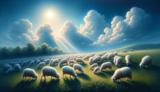 Pastoral landscape with grazing sheep under dramatic sunlight