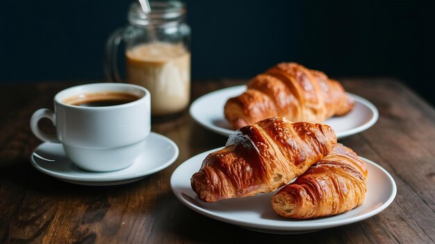 Pastries croissants on table near cup of coffee