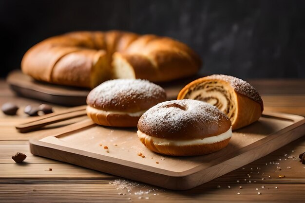 Pastries on a cutting board with a black background