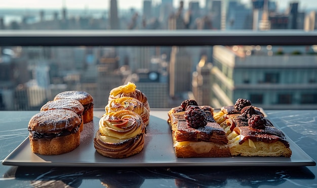 Photo pastries displayed on a sleek dessert platter against