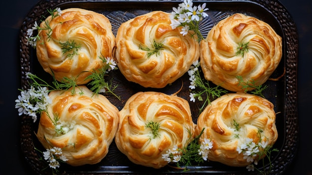 Pastries stuffed with white cheese with iris