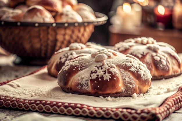 Photo pastries with powdered sugar and a basket of powdered sugar