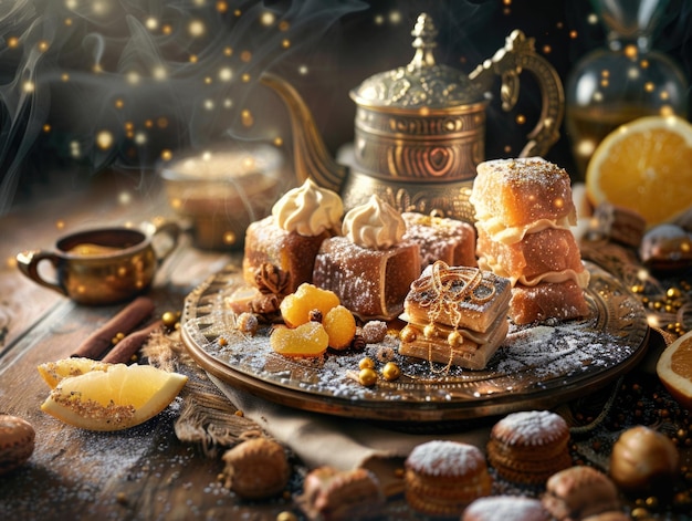 Pastries on wooden table