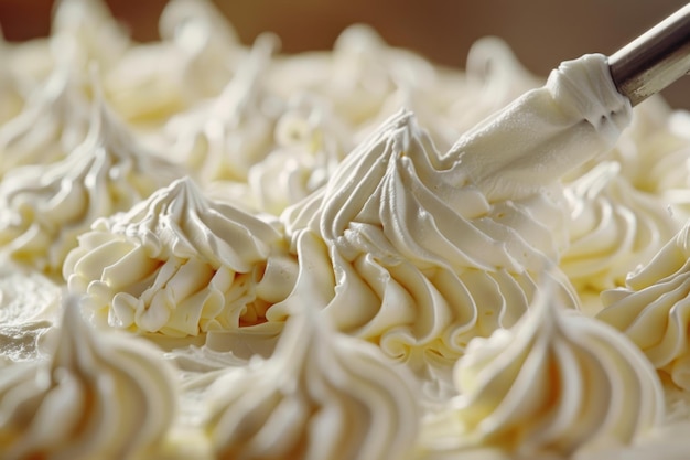 Photo pastry bag decorating cake with whipped cream closeup of a pastry bag applying creamy swirls on a cake