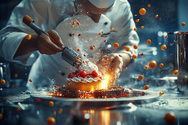 Photo pastry chef creating an avantgarde dessert