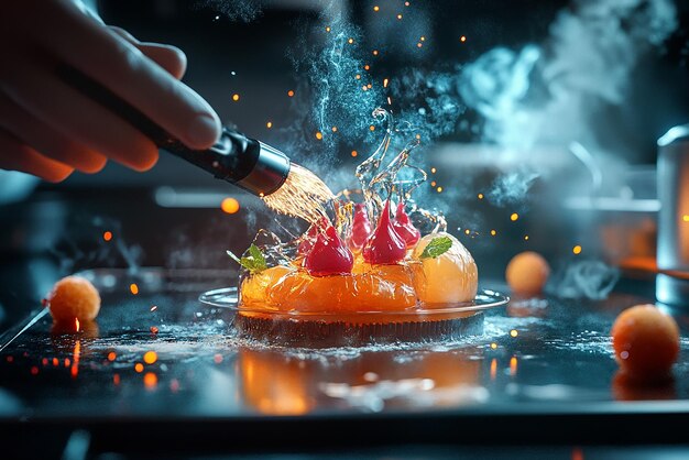 Photo pastry chef creating an avantgarde dessert