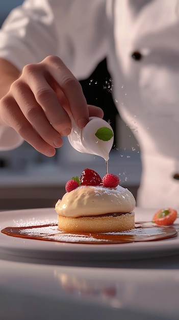 Photo pastry chef creating a gourmet dessert