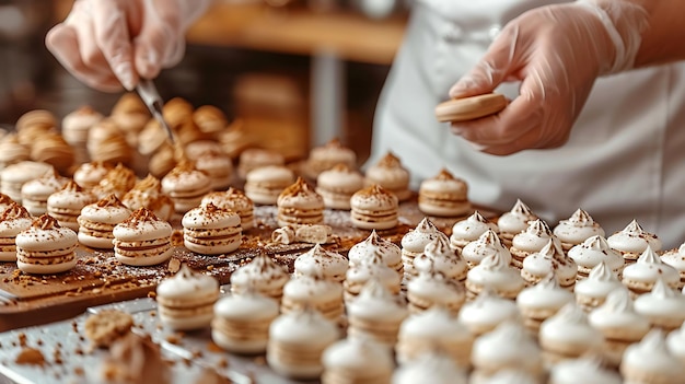 Photo pastry chef filling macarons closeup home baking scene