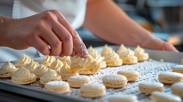 Pastry Chef Filling Macarons CloseUp Home Baking Scene