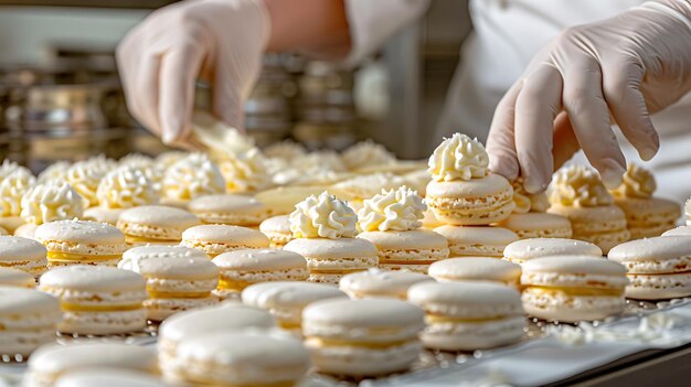 Pastry Chef Filling Macarons CloseUp Home Baking Scene