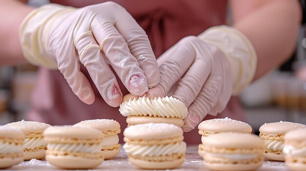 Photo pastry chef filling macarons closeup home baking scene