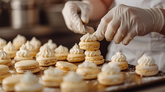 Pastry Chef Filling Macarons CloseUp Home Baking Scene