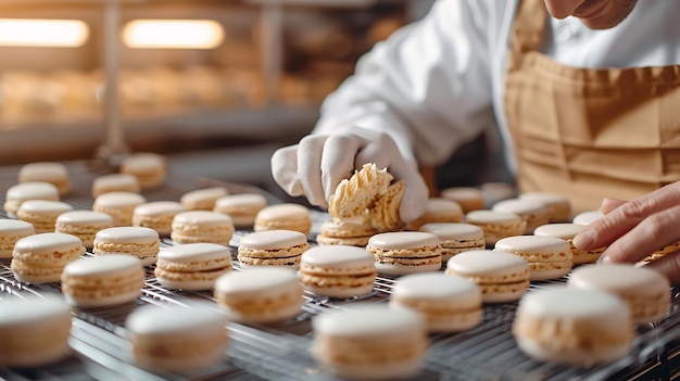 Pastry Chef Filling Macarons CloseUp Home Baking Scene