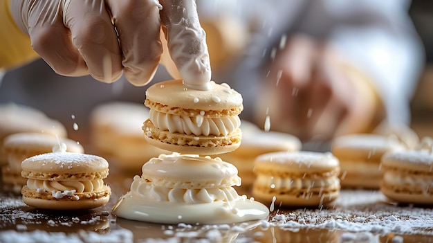 Pastry Chef Filling Macarons CloseUp Home Baking Scene