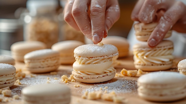 Pastry Chef Filling Macarons CloseUp Home Baking Scene