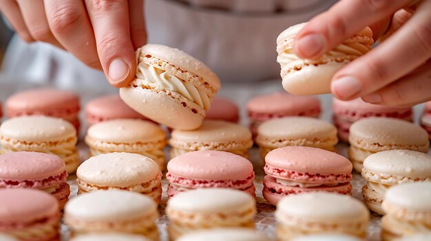 Photo pastry chef filling macarons closeup home baking scene