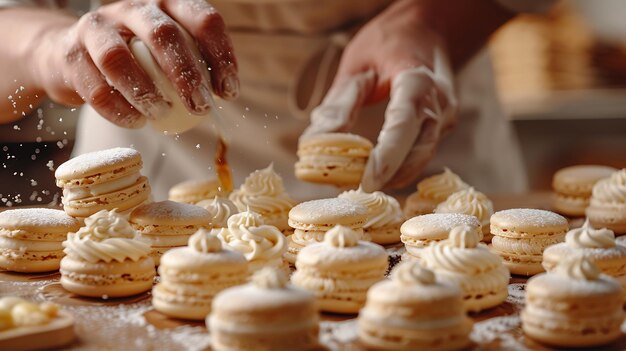 Pastry Chef Filling Macarons CloseUp Home Baking Scene