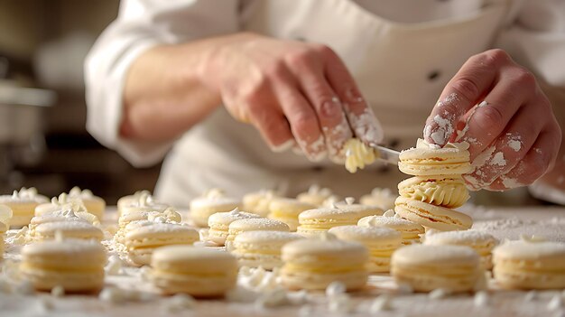 Photo pastry chef filling macarons closeup home baking scene