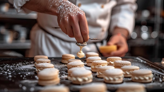 Photo pastry chef filling macarons closeup home baking scene