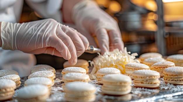 Pastry Chef Filling Macarons CloseUp Home Baking Scene