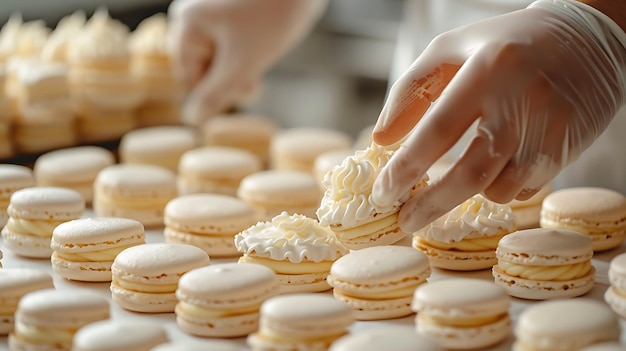 Photo pastry chef filling macarons closeup home baking scene