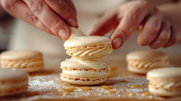 Pastry Chef Filling Macarons CloseUp Home Baking Scene