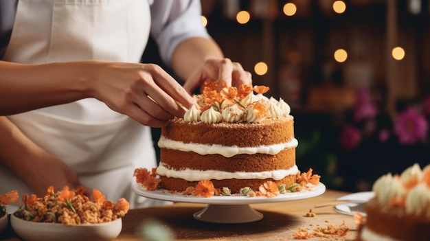 Pastry chef hands decorating a cake pastel dessert cuisine concept Sweets and food concept