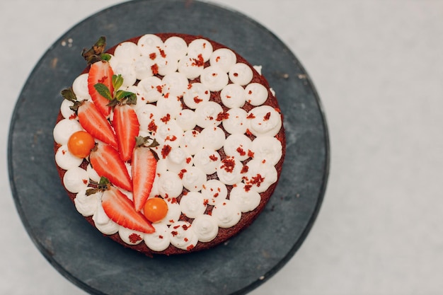 Pastry chef makes delicious red velvet cake Cooking and decorating dessert