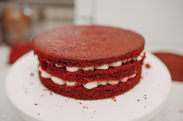 Pastry chef makes delicious red velvet cake Cooking and decorating dessert