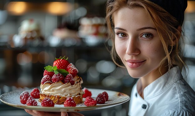 Photo pastry chef presenting a beautiful creation