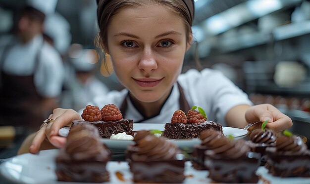 Photo pastry chef presenting an exquisite dessert