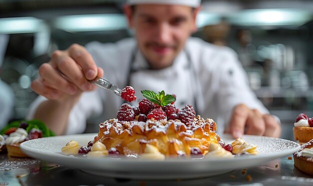 Photo pastry chef presenting an exquisite dessert