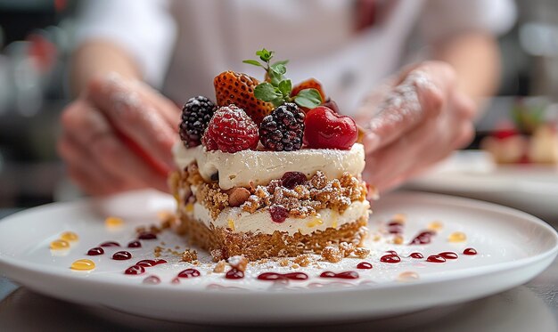 Photo pastry chef presenting an exquisite dessert