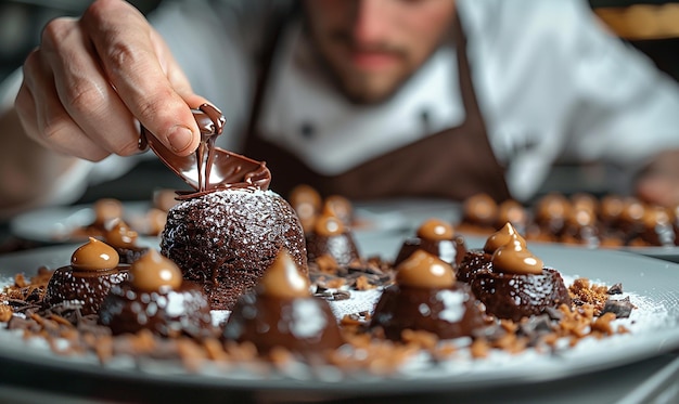 Photo pastry chef presenting an exquisite dessert