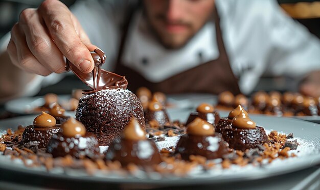 Photo pastry chef presenting an exquisite dessert