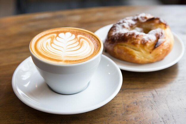 Pastry and coffee on wooden tabletop