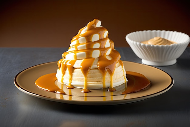 Pastry cream meringue cake with caramel sauce on plate